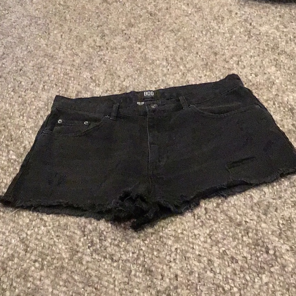 BDG black denim short frayed hem slight distressing with pockets front and back